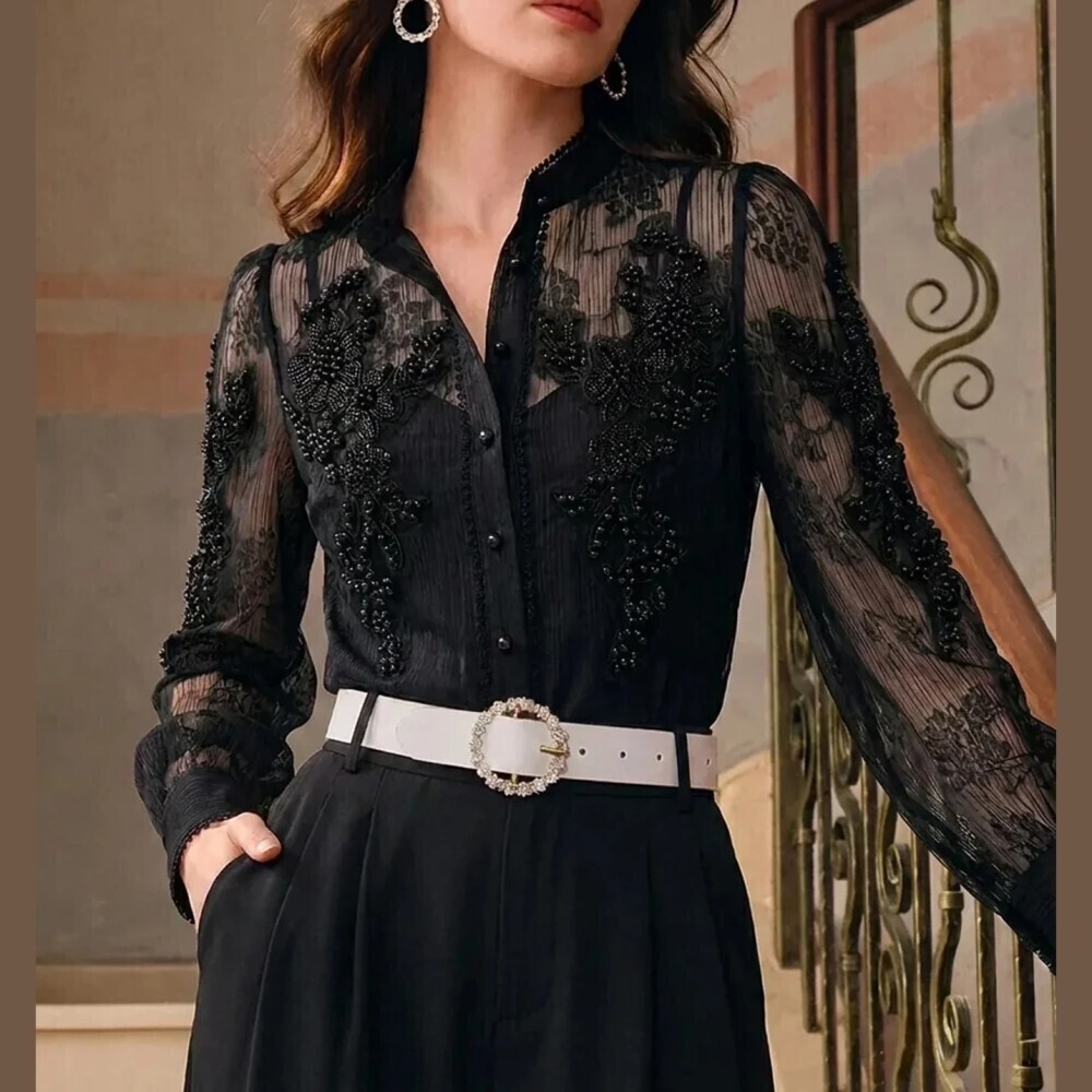 Black Beaded Floral Lace Sheer Long Sleeve Stand Collar Blouse